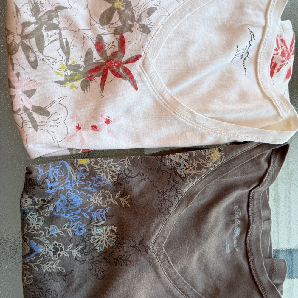 Eddie Bauer Floral Short Sleeve Tees - White and Brown